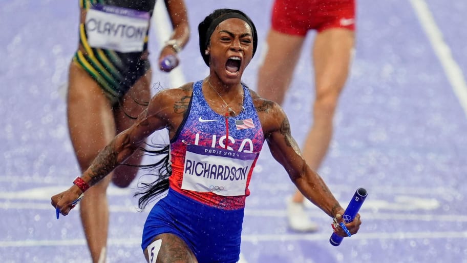 Sha'carri Richardson (USA) celebrates after winning the womenÌs 4x100m relay during the Paris 2024 Olympic Summer Games