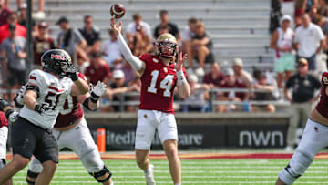 Boston College quarterback Emmett Morehead passes the ball during the second half against Northern Illinois at Alumni Stadium in Chestnut Hill, Mass., on Sept. 2, 2023.