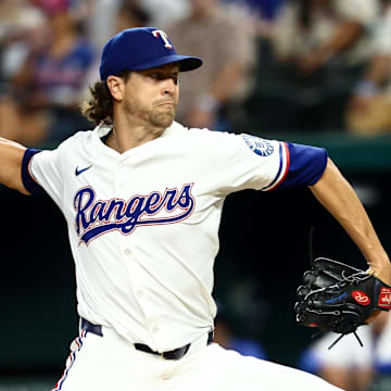 Jul 22, 2025; Arlington, Texas, USA;  Texas Rangers starting pitcher Jacob deGrom (48) throws during the first inning against the Athletics at Globe Life Field. 