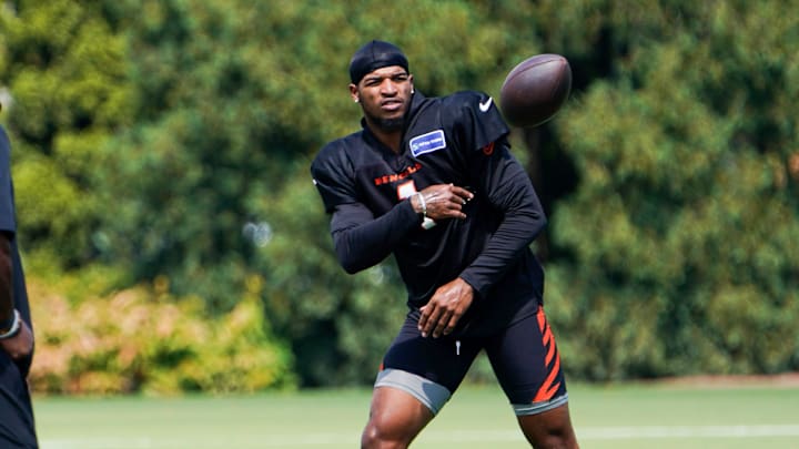 Cincinnati Bengals wide receiver Ja'Marr Chase (1) participates in drills during practice, Thursday, Sept. 5, 2024, at the Kettering Health Practice Fields outside of Paycor Stadium in Cincinnati.