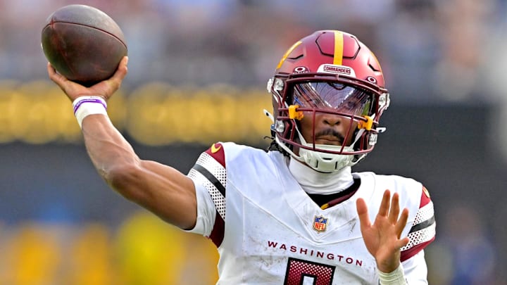 Oct 5, 2025; Inglewood, California, USA; Washington Commanders quarterback Jayden Daniels (5) Mandatory Credit: Jayne Kamin-Oncea-Imagn Images Oct 5, 2025; Inglewood, California, USA; Washington Commanders quarterback Jayden Daniels (5) Mandatory Credit: Jayne Kamin-Oncea-Imagn Images