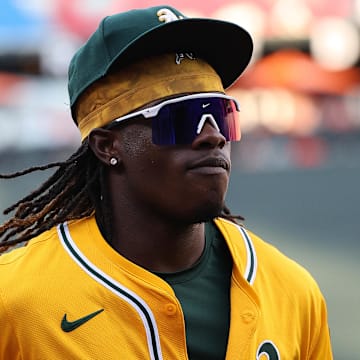 Aug 8, 2025; Baltimore, Maryland, USA; Athletics outfielder Lawrence Butler (4) looks on before a game against the Baltimore Orioles at Oriole Park at Camden Yards. Mandatory Credit: Daniel Kucin Jr.-Imagn Images
