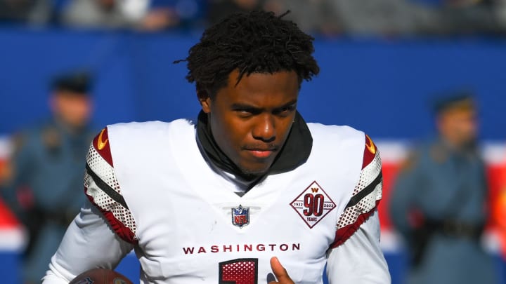 Dec 4, 2022; East Rutherford, New Jersey, USA; Washington Commanders wide receiver Jahan Dotson (1) prior to the game against the New York Giants at MetLife Stadium. Mandatory Credit: Rich Barnes-USA TODAY Sports