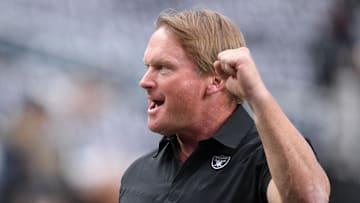 Aug 14, 2021; Paradise, Nevada, USA; Las Vegas Raiders manager Jon Gruden gestures before the game against the Seattle Seahawks at Allegiant Stadium. Mandatory Credit: Orlando Ramirez-Imagn Images