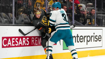 Dec 10, 2023; Las Vegas, Nevada, USA; San Jose Sharks defenseman Henry Thrun (3) checks Vegas Golden