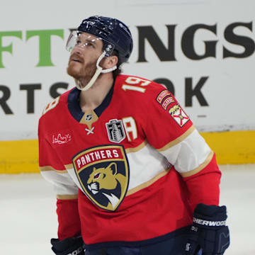 Matthew Tkachuk celebrates a goal, one of many that would land him on the cover of 'NHL 26.'