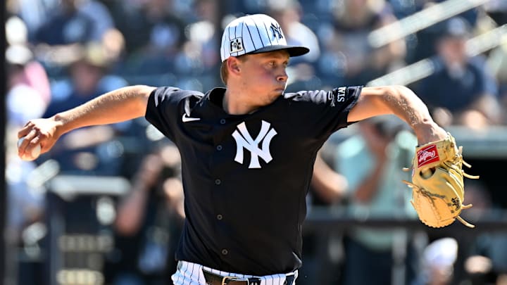 Feb 26, 2025; Tampa, Florida, USA; New York Yankees starting pitcher Will Warren (98) throws a pitch in the first inning against the St. Louis Cardinals during spring training at George M. Steinbrenner Field. Mandatory Credit: Jonathan Dyer-Imagn Images