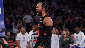 Nov 28, 2025; New York, New York, USA;  New York Knicks guard Jalen Brunson (11) reacts after making a basket during the second half against the Milwaukee Bucks at Madison Square Garden. Mandatory Credit: Vincent Carchietta-Imagn Images
