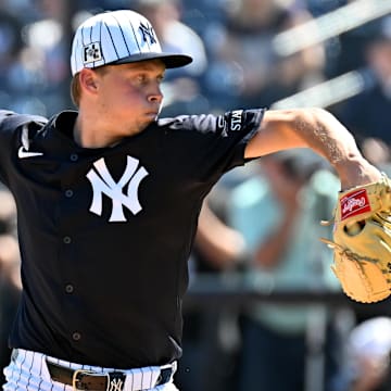 Feb 26, 2025; Tampa, Florida, USA; New York Yankees starting pitcher Will Warren (98) throws a pitch in the first inning against the St. Louis Cardinals during spring training.