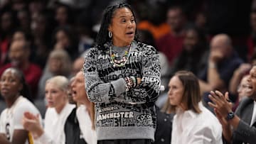 Nov 10, 2024; Charlotte, NC, USA; South Carolina Gamecocks head coach Dawn Staley during the first half against the NC State Wolfpack at the Ally Tip Off at Spectrum Center. Mandatory Credit: Jim Dedmon-Imagn Images