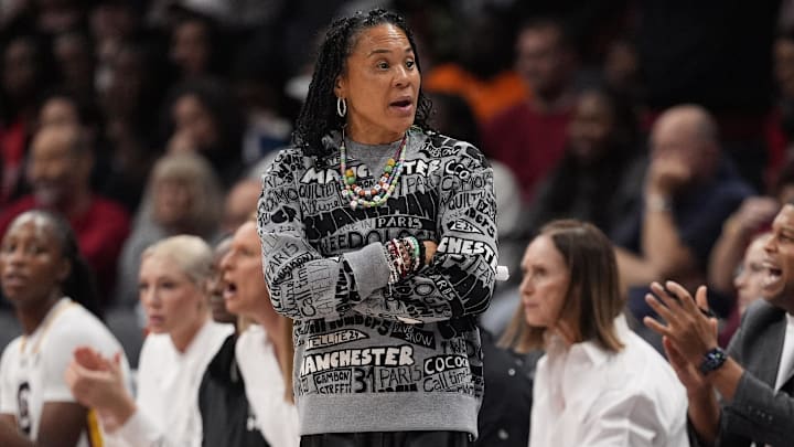 Nov 10, 2024; Charlotte, NC, USA; South Carolina Gamecocks head coach Dawn Staley during the first half against the NC State Wolfpack at the Ally Tip Off at Spectrum Center. Mandatory Credit: Jim Dedmon-Imagn Images