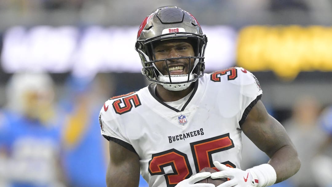 Dec 15, 2024; Inglewood, California, USA; Tampa Bay Buccaneers cornerback Jamel Dean (35) celebrates after a fumble recovery in the second half against the Los Angeles Chargers at SoFi Stadium. Mandatory Credit: Jayne Kamin-Oncea-Imagn Images