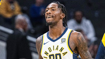 Indianapolis, Indiana, USA; Indiana Pacers guard Quenton Jackson (29) celebrates in the OT against the Charlotte Hornets at Gainbridge Fieldhouse.