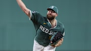Sep 12, 2025; Boston, Massachusetts, USA; Boston Red Sox starting pitcher Lucas Giolito (54) delivers a pitch during the first inning against the New York Yankees at Fenway Park. Mandatory Credit: Paul Rutherford-Imagn Images