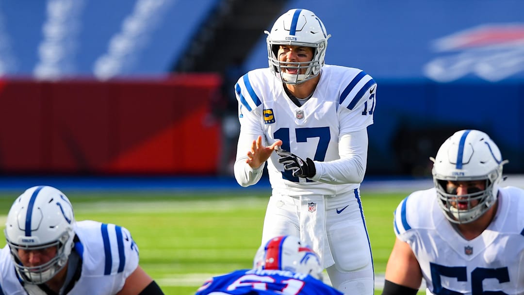 Jan 9, 2021; Orchard Park, New York, USA; Indianapolis Colts quarterback Philip Rivers (17) in action against the Buffalo Bills during the second quarter of a AFC Wild Card game at Bills Stadium. Mandatory Credit: Rich Barnes-Imagn Images