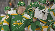 Dec 14, 2024; Saint Paul, Minnesota, USA;  Minnesota Wild forward Kirill Kaprizov (97) celebrate after scoring a empty net goal against the Philadelphia Flyers during the third period at Xcel Energy Center. Mandatory Credit: Nick Wosika-Imagn Images