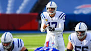 Jan 9, 2021; Orchard Park, New York, USA; Indianapolis Colts quarterback Philip Rivers (17) in action against the Buffalo Bills during the second quarter of a AFC Wild Card game at Bills Stadium. Mandatory Credit: Rich Barnes-Imagn Images