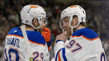 Edmonton Oilers forward Leon Draisaitl (29) and forward Connor McDavid (97)