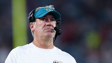 Aug 17, 2024; Jacksonville, Florida, USA; Jacksonville Jaguars head coach Doug Pederson looks on against the Tampa Bay Buccaneers in the second quarter during a preseason game at EverBank Stadium. Mandatory Credit: Nathan Ray Seebeck-Imagn Images