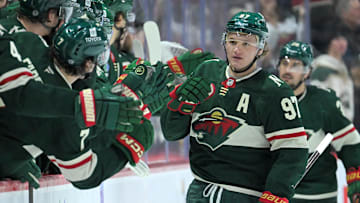 Apr 9, 2025; Saint Paul, Minnesota, USA;  Minnesota Wild forward Kiril Kaprizov (97) celebrates his power play goal against the San Jose Sharks during the second period at Xcel Energy Center. Mandatory Credit: Nick Wosika-Imagn Images