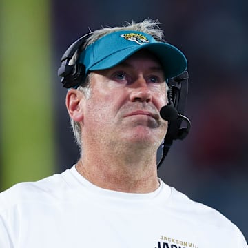 Aug 17, 2024; Jacksonville, Florida, USA; Jacksonville Jaguars head coach Doug Pederson looks on against the Tampa Bay Buccaneers in the second quarter during a preseason game at EverBank Stadium. Mandatory Credit: Nathan Ray Seebeck-Imagn Images