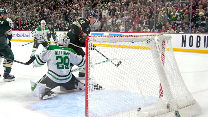 Minnesota Wild forward Matt Boldy scoring the game-winning goal against the Dallas Stars in Game 4 of the NHL Playoffs. (Mandatory Credit: Nick Wosika-Imagn Images)