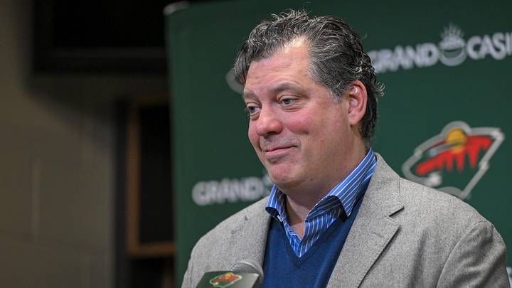 Dec 13, 2025; Saint Paul, Minnesota, USA;  Minnesota Wild general manger Bill Guerin addresses the media about acquiring defensemen Quinn Hughes via trade from the Vancouver Canucks before a game against the Ottawa Senators at Grand Casino Arena. Mandatory Credit: Nick Wosika-Imagn Images