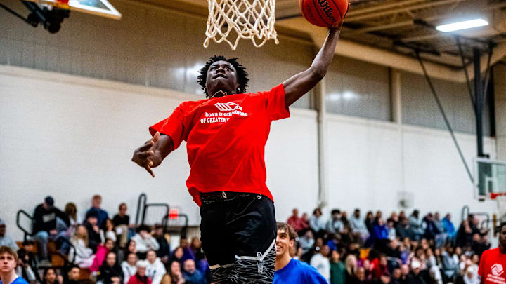 Joson Sanon goes for the slam in the Rick Jalbert All-Star Basketball Challenge.