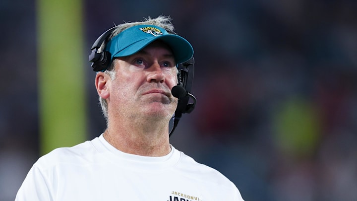 Aug 17, 2024; Jacksonville, Florida, USA; Jacksonville Jaguars head coach Doug Pederson looks on against the Tampa Bay Buccaneers in the second quarter during a preseason game at EverBank Stadium. Mandatory Credit: Nathan Ray Seebeck-Imagn Images