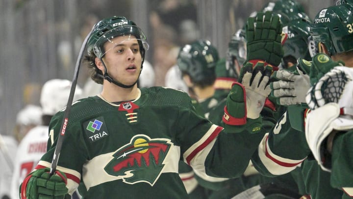 Jan 23, 2024; Saint Paul, Minnesota, USA;  Minnesota Wild defenseman Brock Faber (7) celebrates his goal against the Washington Capitals during the first period at Xcel Energy Center. Mandatory Credit: Nick Wosika-USA TODAY Sports