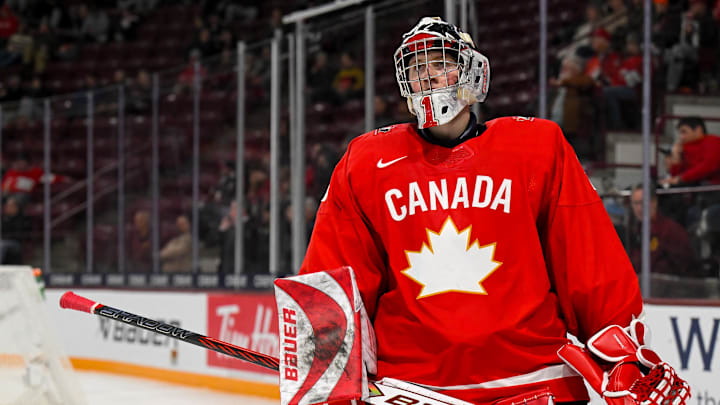 Jan 2, 2026; Minneapolis, Minnesota, USA;  Canada goalie Jack Ivankovic leads a win against Slovakia in the quarterfinals of the 2026 IIHF World Junior Championship at 3M Arena in St. Paul, Minn. 