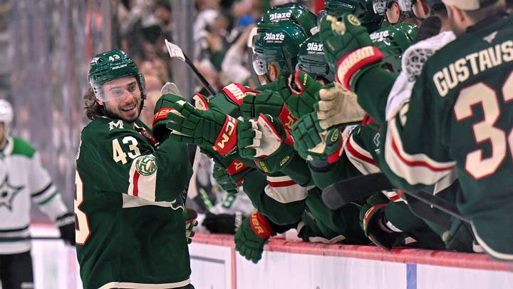 Apr 30, 2026; Saint Paul, Minnesota, USA; Minnesota Wild defensemen Quinn Hughes (43) celebrates his second goal of the night against the Dallas Stars during the third period in game six of the first round of the 2026 Stanley Cup Playoffs at Grand Casino Arena. Mandatory Credit: Nick Wosika-Imagn Images