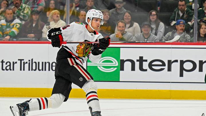 Sep 19, 2026; Saint Paul, Minnesota, USA;  Chicago Blackhawks defensemen Kevin Korchinski (14) scores a goal against the Minnesota Wild during the first period at Grand Casino Arena.  Mandatory Credit: Nick Wosika-Imagn Images