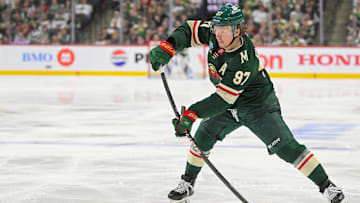 May 1, 2025; Saint Paul, Minnesota, USA;  Minnesota Wild forward Kirill Kaprizov (97) takes a shot on goal against the Vegas Golden Knights during the second period in game six of the first round of the 2025 Stanley Cup Playoffs at Xcel Energy Center. Mandatory Credit: Nick Wosika-Imagn Images