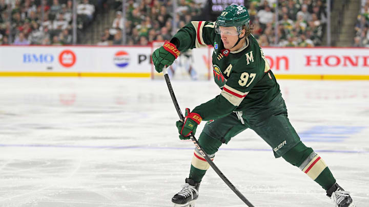 May 1, 2025; Saint Paul, Minnesota, USA; Minnesota Wild forward Kirill Kaprizov (97) takes a shot on goal against the Vegas Golden Knights during the second period in game six of the first round of the 2025 Stanley Cup Playoffs at Xcel Energy Center. Mandatory Credit: Nick Wosika-Imagn Images May 1, 2025; Saint Paul, Minnesota, USA; Minnesota Wild forward Kirill Kaprizov (97) takes a shot on goal against the Vegas Golden Knights during the second period in game six of the first round of the 2025 Stanley Cup Playoffs at Xcel Energy Center. Mandatory Credit: Nick Wosika-Imagn Images