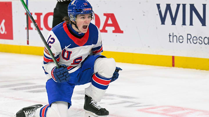 Dec 29, 2025; St. Paul, Minnesota, USA; USA forward Will Zellers (12) celebrates his power play goal against Slovakia during the third period of Group A play in the 2026 IIHF World Junior Championship at Grand Casino Arena. Mandatory Credit: Nick Wosika-Imagn Images