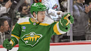 Nov 29, 2024; Saint Paul, Minnesota, USA;  Minnesota Wild forward Marco Rossi (23) celebrates his goal against the Chicago Blackhawks during the second period at Xcel Energy Center. Mandatory Credit: Nick Wosika-Imagn Images