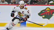 Sep 28, 2025; Saint Paul, Minnesota, USA;  Chicago Blackhawks forward Nick Foligno (17) follows the play against the Minnesota Wild during the third period at Xcel Energy Center. Mandatory Credit: Nick Wosika-Imagn Images
