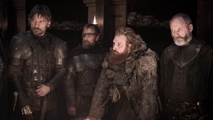 (L to R) Nikolaj Coster-Waldau as Jaime Lannister, Richard Dormer as Beric Dondarrion, Kristofer Hivju as Tormund, and Liam Cunningham as Davos Seaworth in Game of Thrones season 8