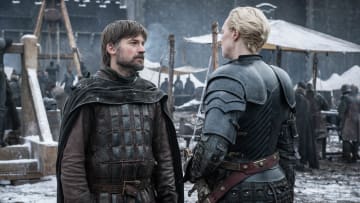 (L to R) Nikolaj Coster-Waldau as Jaime Lannister and Gwendoline Christie as Brienne of Tarth – Photo: Helen Sloan/HBO
