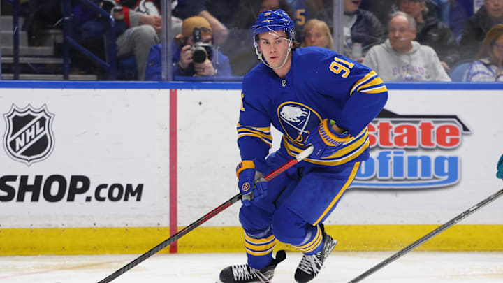 Mar 10, 2026; Buffalo, New York, USA;  Buffalo Sabres right wing Josh Doan (91) looks to make a pass during the second period against the San Jose Sharks at KeyBank Center. Mandatory Credit: Timothy T. Ludwig-Imagn Images
