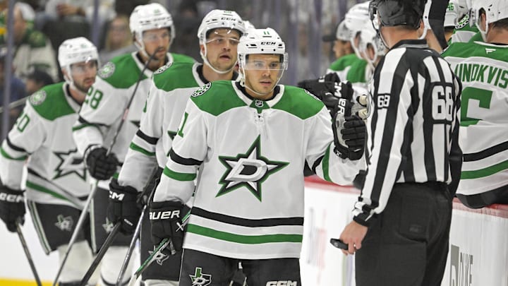 Sep 29, 2024; Saint Paul, Minnesota, USA;  Dallas Stars forward Logan Stankoven (11) celebrates his goal against the Minnesota Wild during the second period at Xcel Energy Center. Mandatory Credit: Nick Wosika-Imagn Images