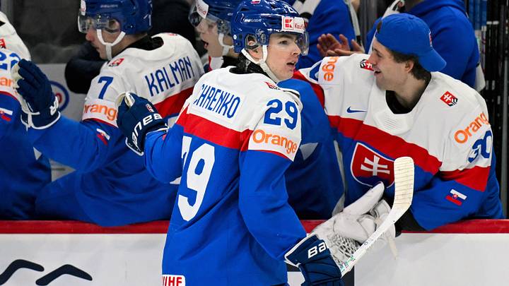 Dec 29, 2025; St. Paul, Minnesota, USA; Slovakia forward Tomas Chrenko (29) celebrates his power play goal against USA with goalie Ala Lendak (30) during the first period of Group A play in the 2026 IIHF World Junior Championship at Grand Casino Arena. Mandatory Credit: Nick Wosika-Imagn Images