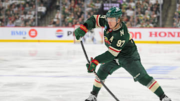 May 1, 2025; Saint Paul, Minnesota, USA;  Minnesota Wild forward Kirill Kaprizov (97) takes a shot on goal against the Vegas Golden Knights during the second period in game six of the first round of the 2025 Stanley Cup Playoffs at Xcel Energy Center. Mandatory Credit: Nick Wosika-Imagn Images