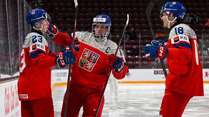 Jan 2, 2026; Minneapolis, Minnesota, USA; Czechia defensemen Tomas Galvas (23) celebrates his goal against Switzerland with forward Petr Sikora (17) and forward Tomas Poletin (18) during the second period in the quarterfinals of the 2026 IIHF World Junior Championship at 3M Arena. Mandatory Credit: Nick Wosika-Imagn Images Jan 2, 2026; Minneapolis, Minnesota, USA; Czechia defensemen Tomas Galvas (23) celebrates his goal against Switzerland with forward Petr Sikora (17) and forward Tomas Poletin (18) during the second period in the quarterfinals of the 2026 IIHF World Junior Championship at 3M Arena. Mandatory Credit: Nick Wosika-Imagn Images