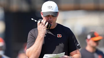 Jul 25, 2025; Cincinnati, OH, USA; Cincinnati Bengals head coach Zac Taylor calls a play during training camp practice. Mandatory Credit: Kareem Elgazzar-Imagn Images
