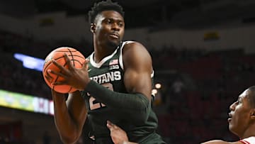 Jan 21, 2024; College Park, Maryland, USA;  Maryland Terrapins forward Jordan Geronimo (22)  leaps