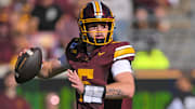 Sep 27, 2025; Minneapolis, Minnesota, USA;  Minnesota Golden Gophers quarterback Drake Lindsey (5) makes a pass against Rutgers Scarlet Knights during the first quarter at Huntington Bank Stadium.