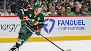 Dec 20, 2024; Saint Paul, Minnesota, USA;  Minnesota Wild forward Kirill Kaprizov (97) turns up ice against the Utah Hockey Club during the third period at Xcel Energy Center. Mandatory Credit: Nick Wosika-Imagn Images