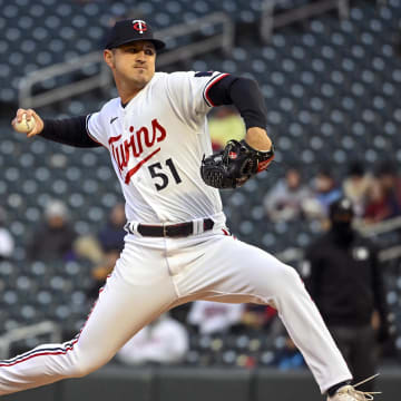 Apr 21, 2023; Minneapolis, Minnesota, USA; Minnesota Twins pitcher Tyler Mahle (51) delivers a pitch against the Washington Nationals at Target Field. Mandatory Credit: Nick Wosika-USA TODAY Sports